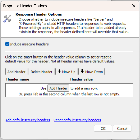 Response header options - default view